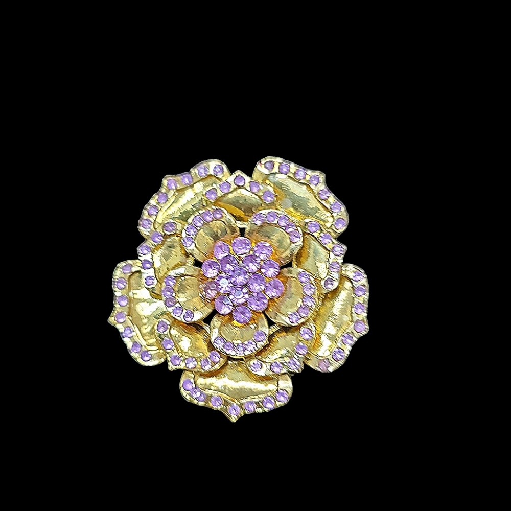 Vintage Goldtone Flower Brooch Pin with Lavender Rhinestones 2" Diameter